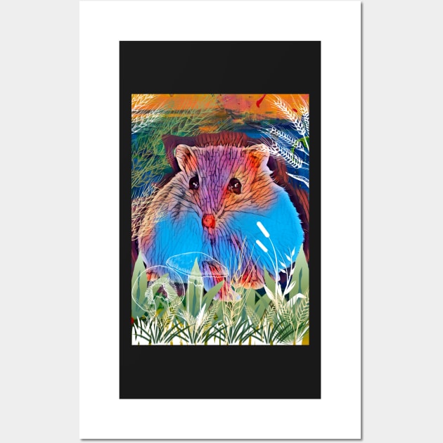 Cute whimsical hammie hamster sitting in wheat field Wall Art by FineArtMaster